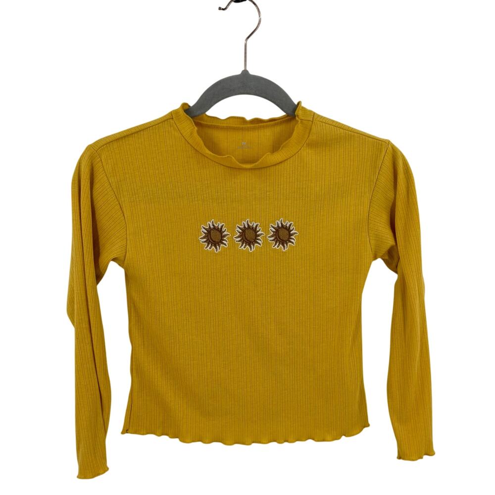 Maurices Girls Embroidered Top Size M (10) Yellow Sun Ribbed Lettuce Edge Shirt